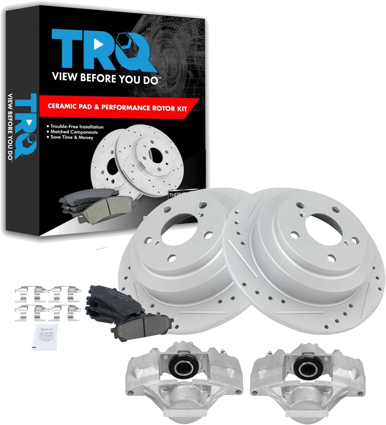 TRQ Performance Rear Brake Pad and Rotor Set Ceramic Solid Rotors Calipers Compatible with 2006-2007 Subaru Impreza