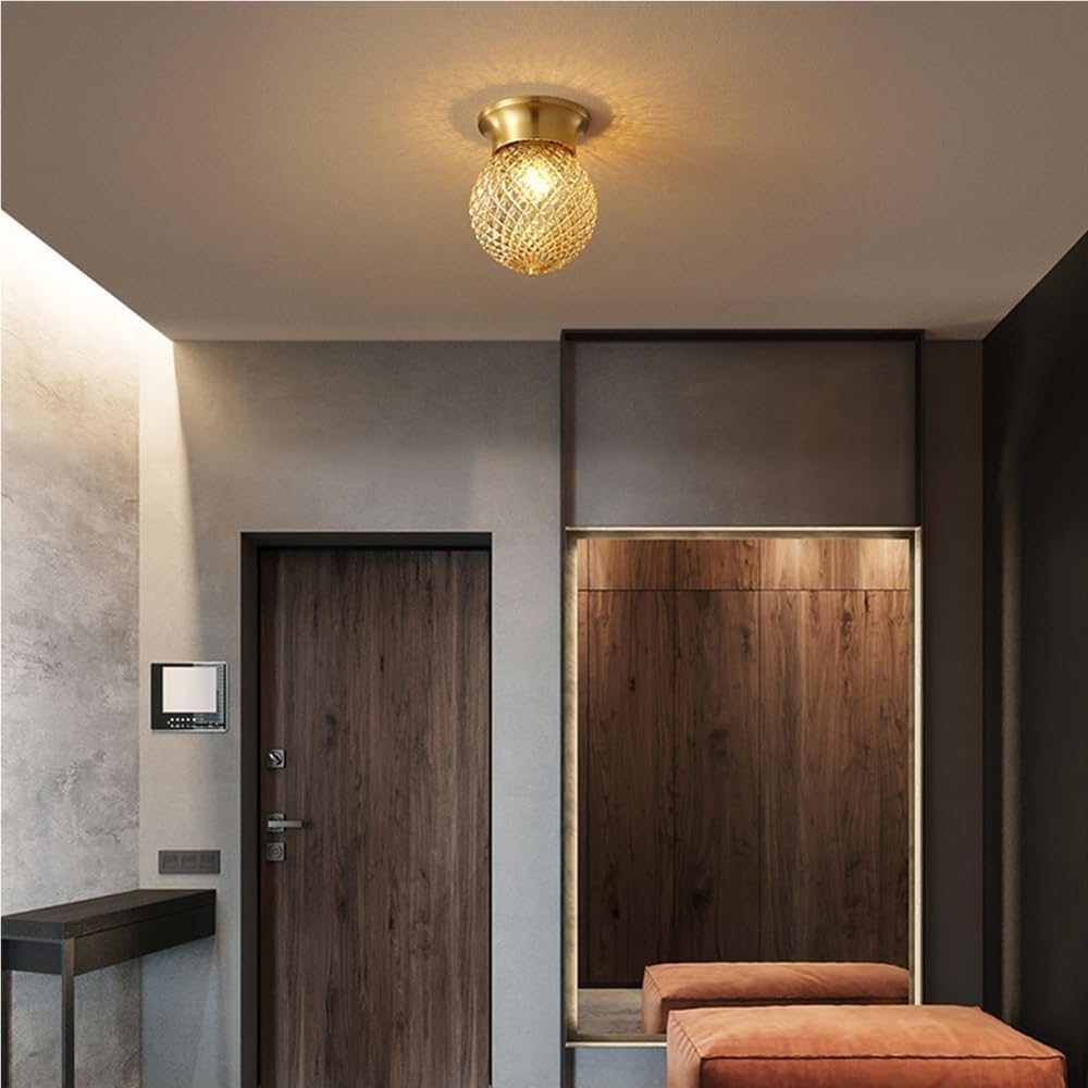 Flush Mount Ceiling Light Modern Brass Gold Tone Fixture with Textured Glass Globe Shade E27 Base Elegant Small Space Lighting for Hallway Entryway Balcony Bedroom(A)