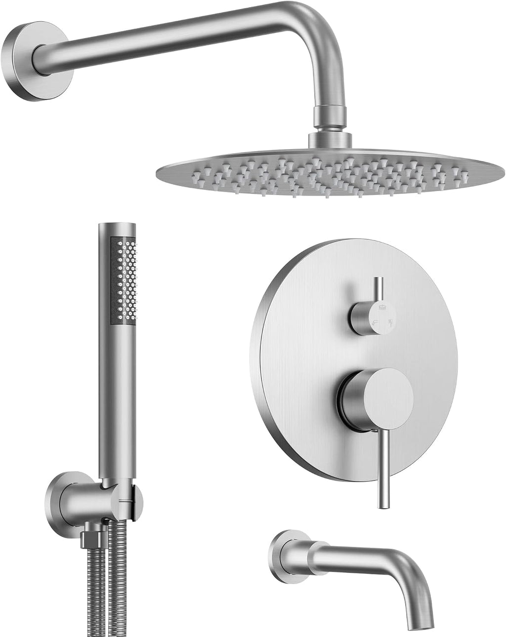 10 Inch Round Shower Faucet Set with Tub Spout, High Pressure Rainfall Shower Head and Handheld Sprayer Combo, Brushed Nickel