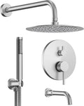 10 Inch Round Shower Faucet Set with Tub Spout, High Pressure Rainfall Shower Head and Handheld Sprayer Combo, Brushed Nickel