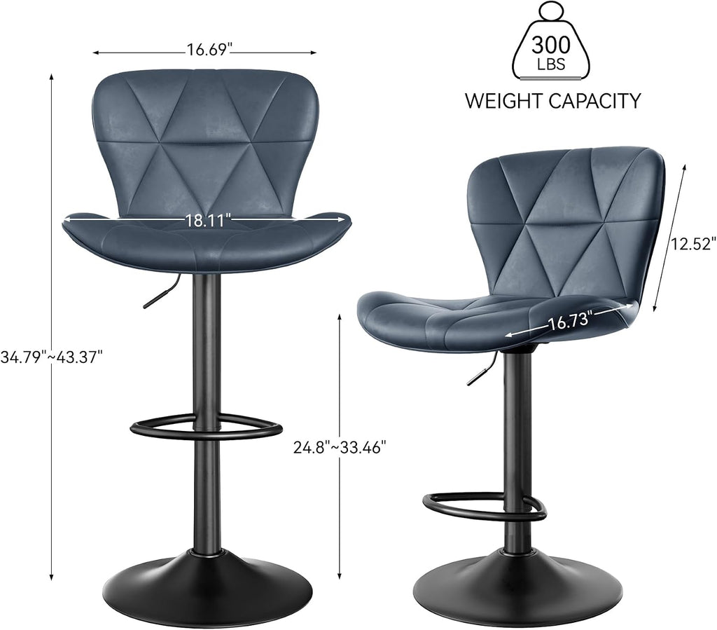 Nalupatio Modern Bar Stools Set of 3, Adjustable Faux Leather Upholstered Swivel Bar Stools, Counter Height Bar Chairs with Back for Kitchen Island, Dark Blue