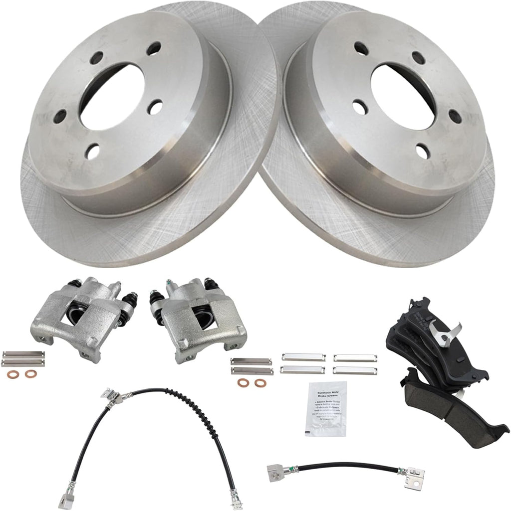 TRQ Rear Brake Pad and Rotor Set Ceramic Rotors Calipers Hoses Compatible with 1995-2001 Ford Explorer 1997-2001 Mercury Mountaineer