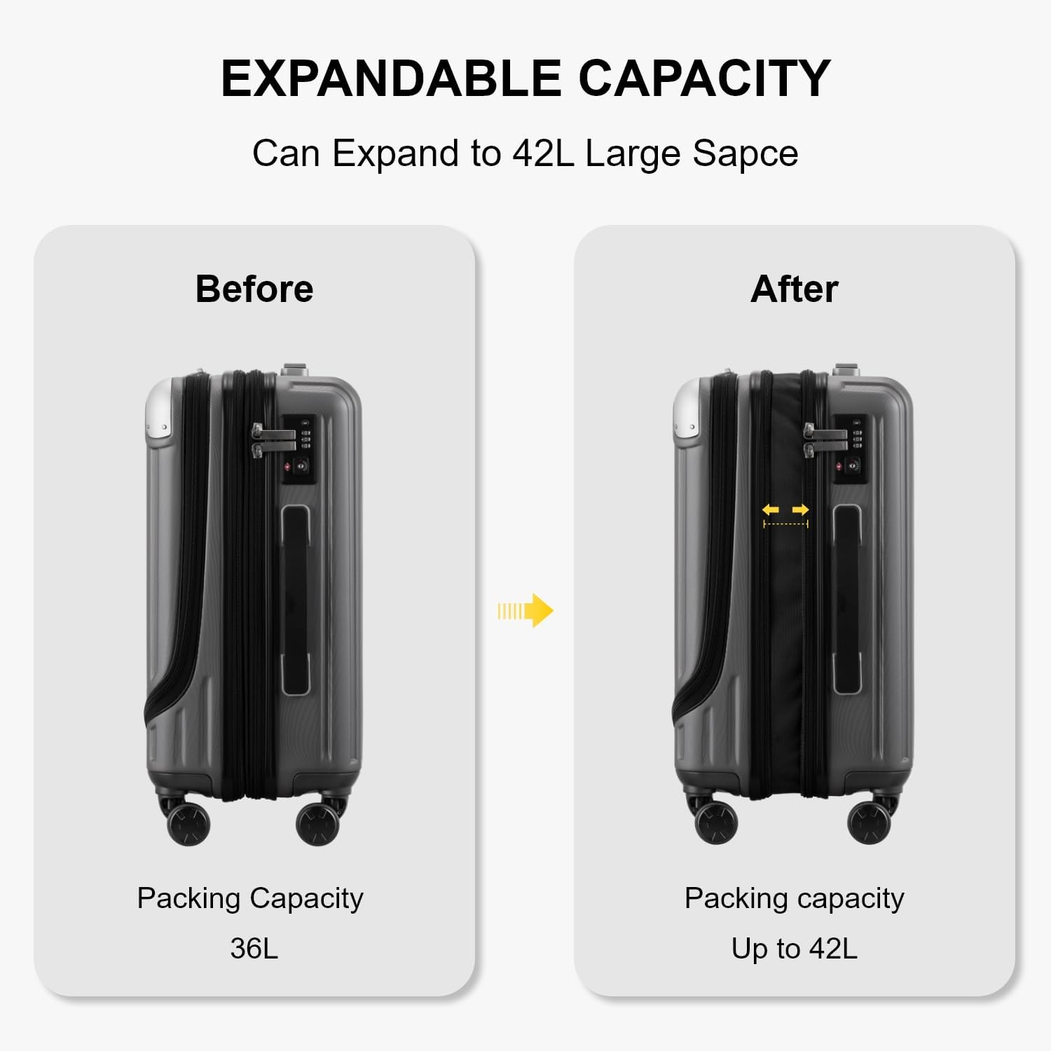 LEVEL8 Grace Carry on Luggage, 20 Inch Expandable Hard Shell Suitcase with Wheels, Abs+Pc Harshell Spinner Luggages with Tsa Lock, Travel Bag for Women Men, Grey