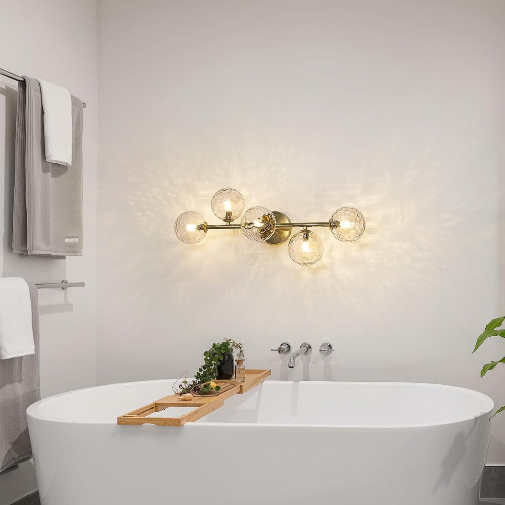 Gold Bathroom Vanity Light Fixtures: Modern Bath 5 Lights Brushed Golden Brass Wall Sconce - Vanity Light with Hammered Clear Globe Bubble Glass Shade - Midcentury Bathroom Lights Over Mirror G9 Base