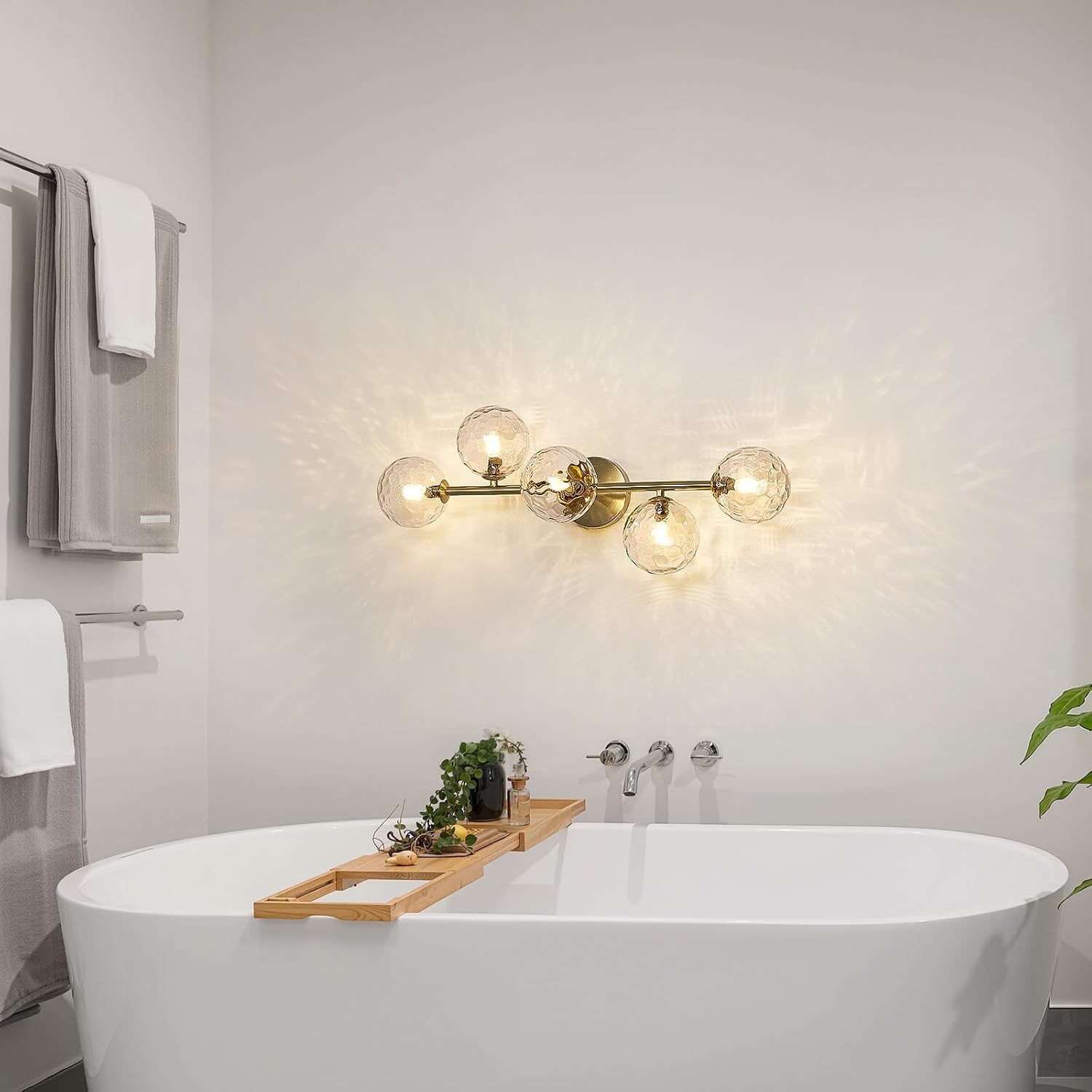 Gold Bathroom Vanity Light Fixtures: Modern Bath 5 Lights Brushed Golden Brass Wall Sconce - Vanity Light with Hammered Clear Globe Bubble Glass Shade - Midcentury Bathroom Lights Over Mirror G9 Base