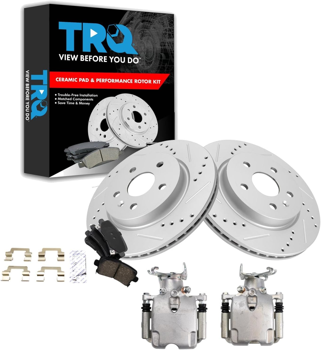 TRQ Performance Rear Brake Pad and Rotor Set Ceramic Vented Coated Rotors Calipers Compatible with 2010-2012 Buick LaCrosse