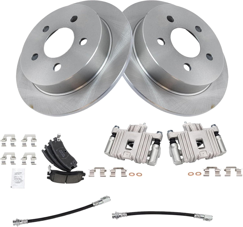 TRQ Rear Brake Pad and Rotor Set Ceramic Rotors Calipers Hoses Compatible with 2004 Oldsmobile Alero 2005 Pontiac Grand Am