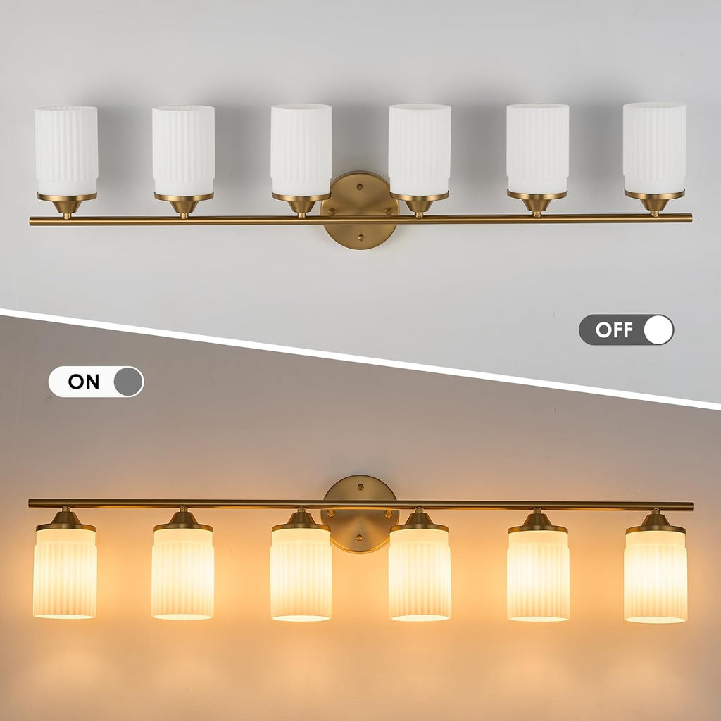 Jonsi Gold Bathroom Light Fixtures 6-Light Vanity Lights Modern Wall Sconce with Milk White Shade Brushed Brass Bathroom Light Fixture Over Mirror for Bedroom Hallway Kitchen
