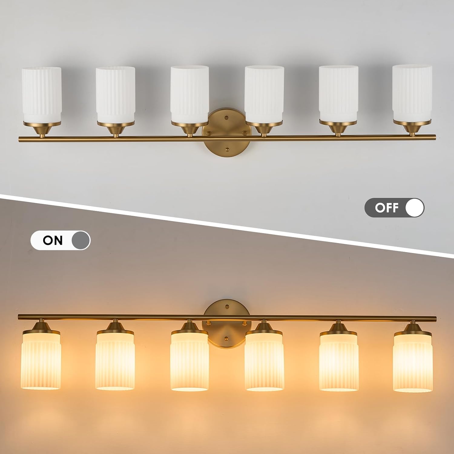 Jonsi Gold Bathroom Light Fixtures 6-Light Vanity Lights Modern Wall Sconce with Milk White Shade Brushed Brass Bathroom Light Fixture Over Mirror for Bedroom Hallway Kitchen