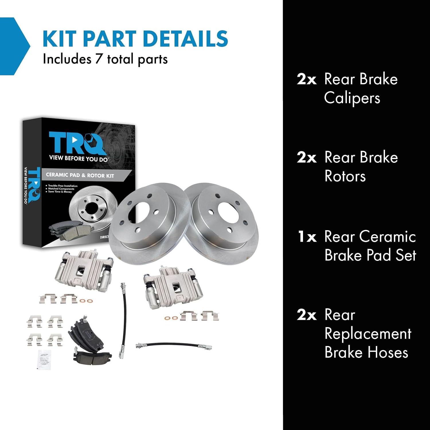 TRQ Rear Brake Pad and Rotor Set Ceramic Rotors Calipers Hoses Compatible with 2004 Oldsmobile Alero 2005 Pontiac Grand Am
