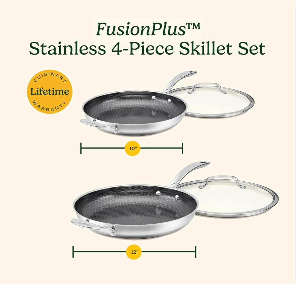 Cuisinart FusionPlus Hybrid Stainless Steel 4-Pc Skillet Cooking Set, 10 Inch and 12 Inch with Lids, PURELYSEAR Hybrid Searing Surface, Oven Safe, Cool Grip Handles, Induction Compatible