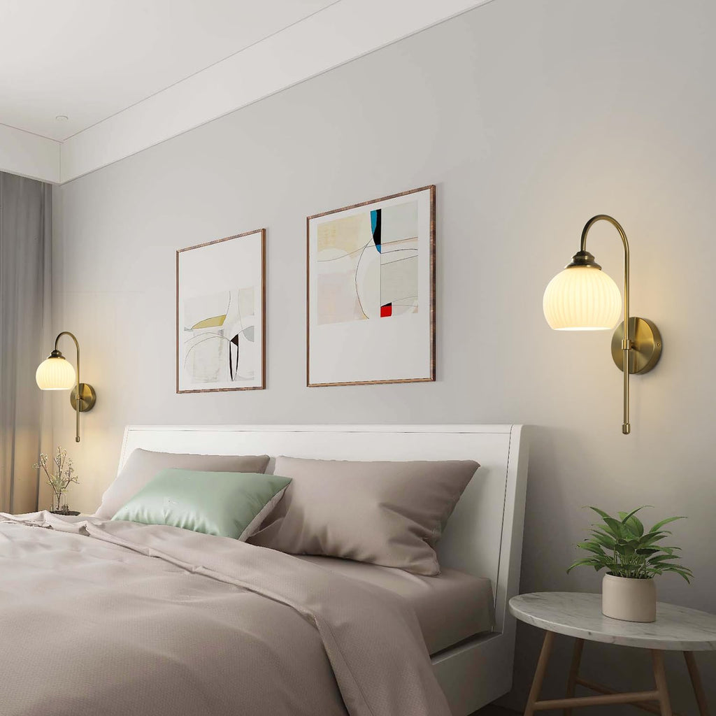 KCO Lighting Gold White Cordless Wall Sconces Mid Century Modern Bedroom Sconces Set of 2 Milk Glass Wall Lamps Antique Brass Wall Light Set of Two Retro Bathroom Vanity Light Fixtures