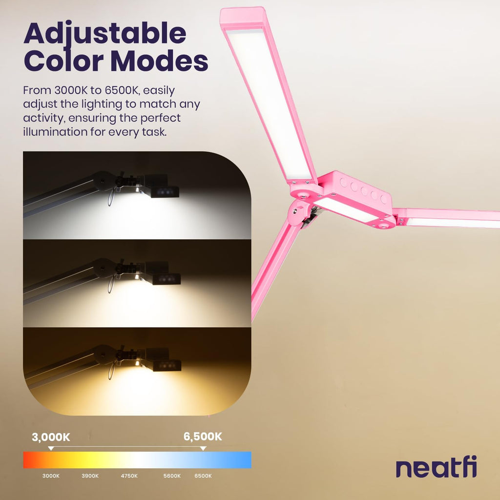 Neatfi LED Desk Lamp | 3,000 Lumens | Dimmable 30W Desk Light | 360 SMD LEDs | CRI 95 | Adjustable Color Temperature | Task Lamp for Home, Office, or Workbench (Pink, 41-Inch, CCT with Clamp)