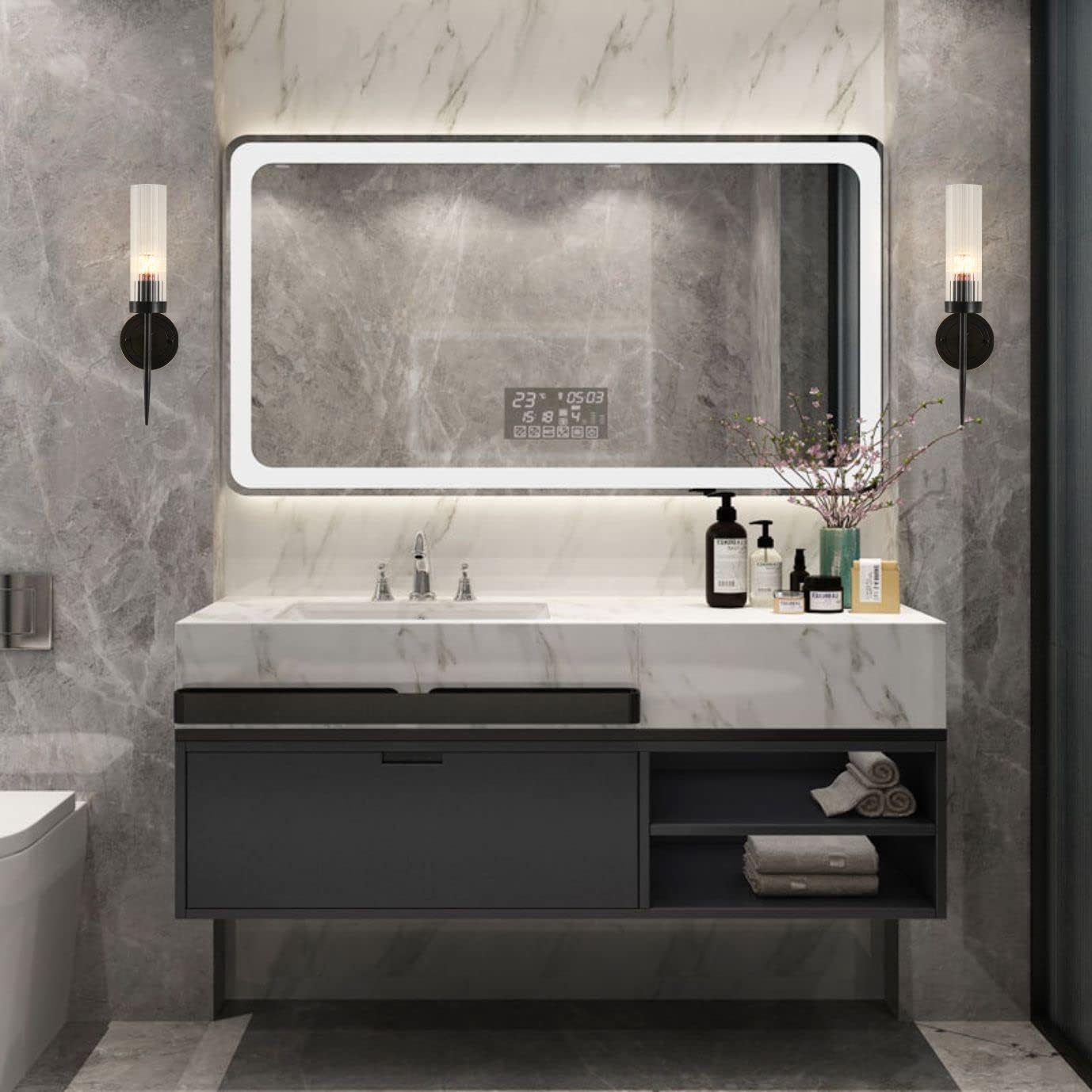 BOKT Mid Century Modern Black Slim Wall Sconce Lighting Set of Two 1-Light Clear Cylinder Glass Sconces Wall Lighting Set of 2 Minimalist Single Bathroom Vanity Light Fixture
