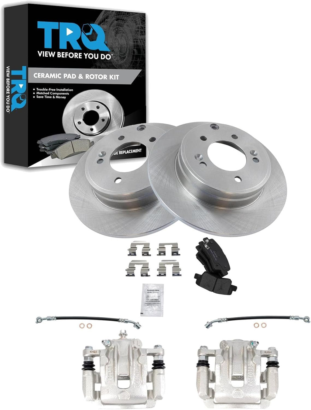 TRQ Rear Brake Pad and Rotor Set Ceramic Rotors Calipers Hoses Compatible with 2012-2017 Hyundai Azera 2011-2015 Kia Optima