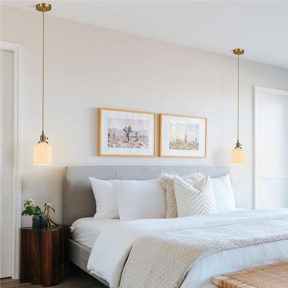 Modern White Opal Glass Pendant Light, Nordic Vintage Adjustable Hanging Lamp with Brushed Brass Finish, Ceiling Fixture for Kitchen Island Bathroom Bedroom Dining Room(5.5')