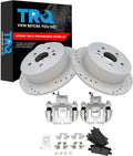 TRQ Performance Rear Brake Pad and Rotor Set Ceramic Coated Drilled Slotted Vented Rotors Calipers Compatible with 2004-2007 Toyota Highlander
