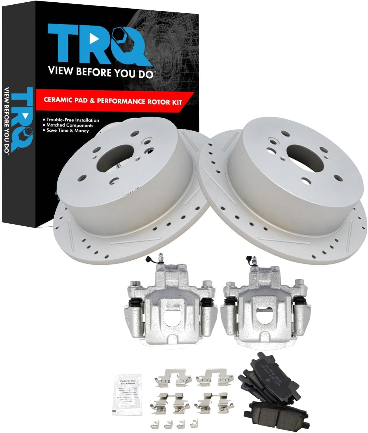TRQ Performance Rear Brake Pad and Rotor Set Ceramic Coated Drilled Slotted Vented Rotors Calipers Compatible with 2004-2007 Toyota Highlander