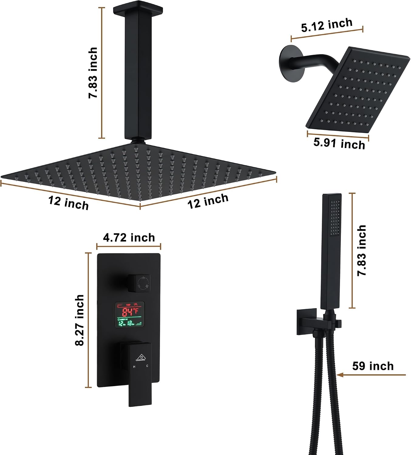 CASAINC Ceiling Mounted Shower System 12 Inch Rain Shower Head with Handheld Spray & 6 Inch Shower Head, Multifunctional Shower Faucet Set with Water Temperature Display (Matte Black)
