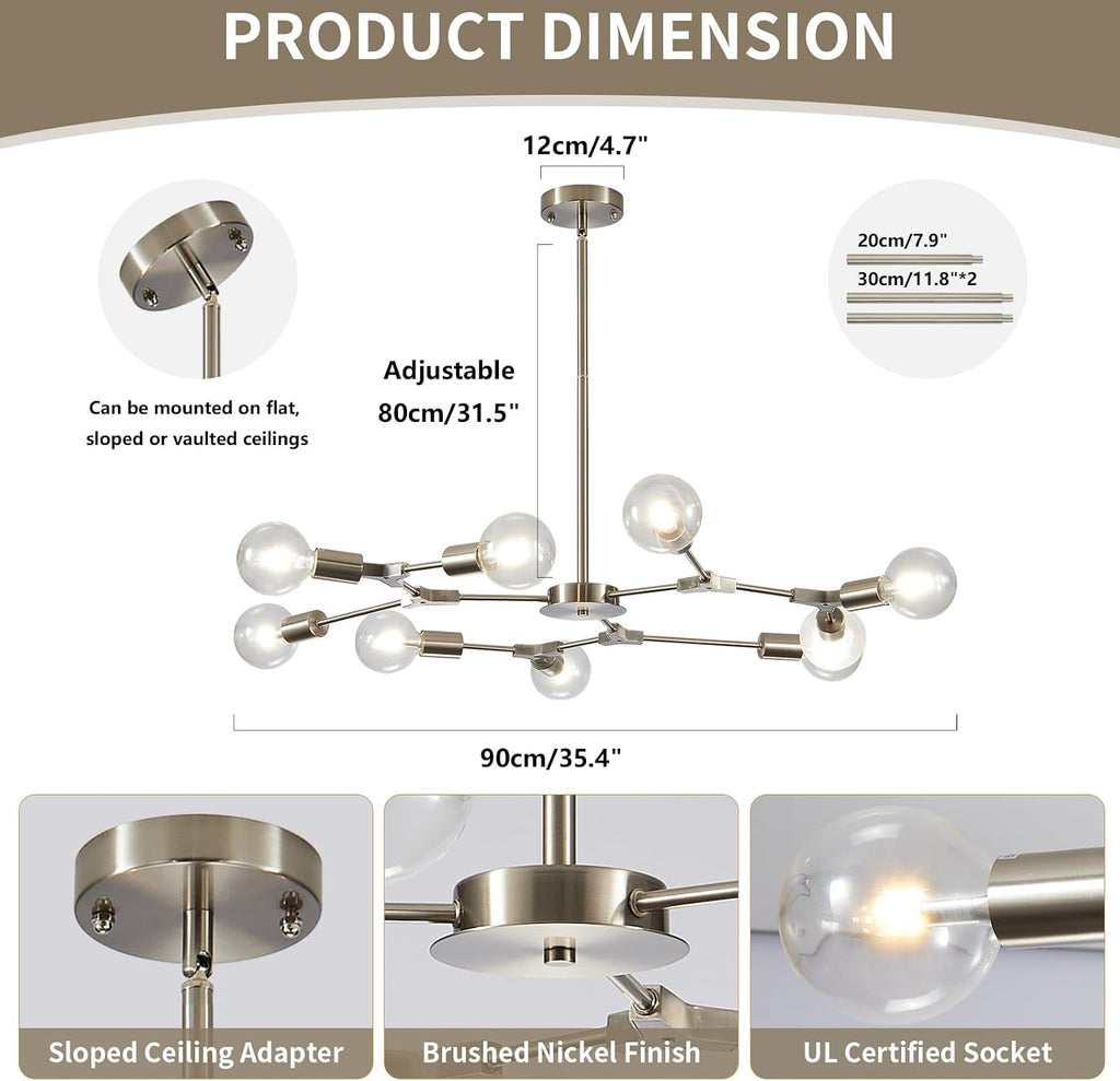 KCO Lighting Sputnik Chandelier 9-Light Sand Nickel Semi Flush Mount Ceiling Light Adjustable Modern Silver Sputnik Pendant Lighting Vintage Ceiling Light Fixture for Kitchen Dining Room