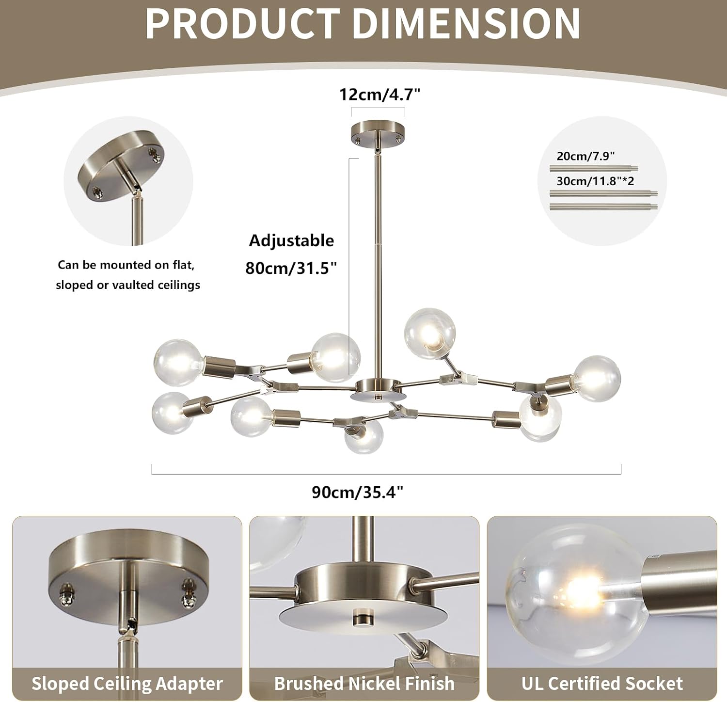 KCO Lighting Sputnik Chandelier 9-Light Sand Nickel Semi Flush Mount Ceiling Light Adjustable Modern Silver Sputnik Pendant Lighting Vintage Ceiling Light Fixture for Kitchen Dining Room