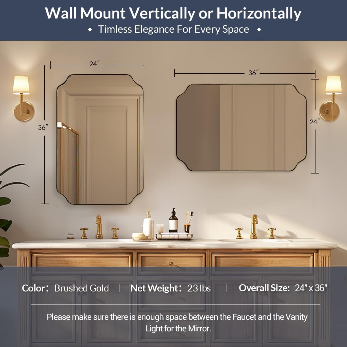 MIRRORART Gold Bathroom Mirror 24x36 Inch, Scalloped Mirrors for Bathroom Sink, Notched Corner Rectangle Mirror in 1'' Stainless Steel Metal Frame Home Remodel Wall Mount Vertical/Horizontal