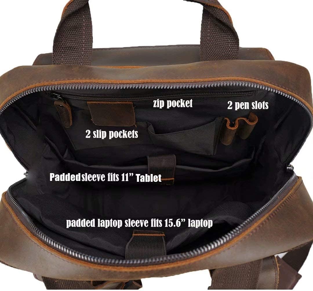 Masa Kawa Leather Backpack for Men Vintage 15.6 Inch Laptop Bag Multi Pockets Casual Travel Daypack Brown
