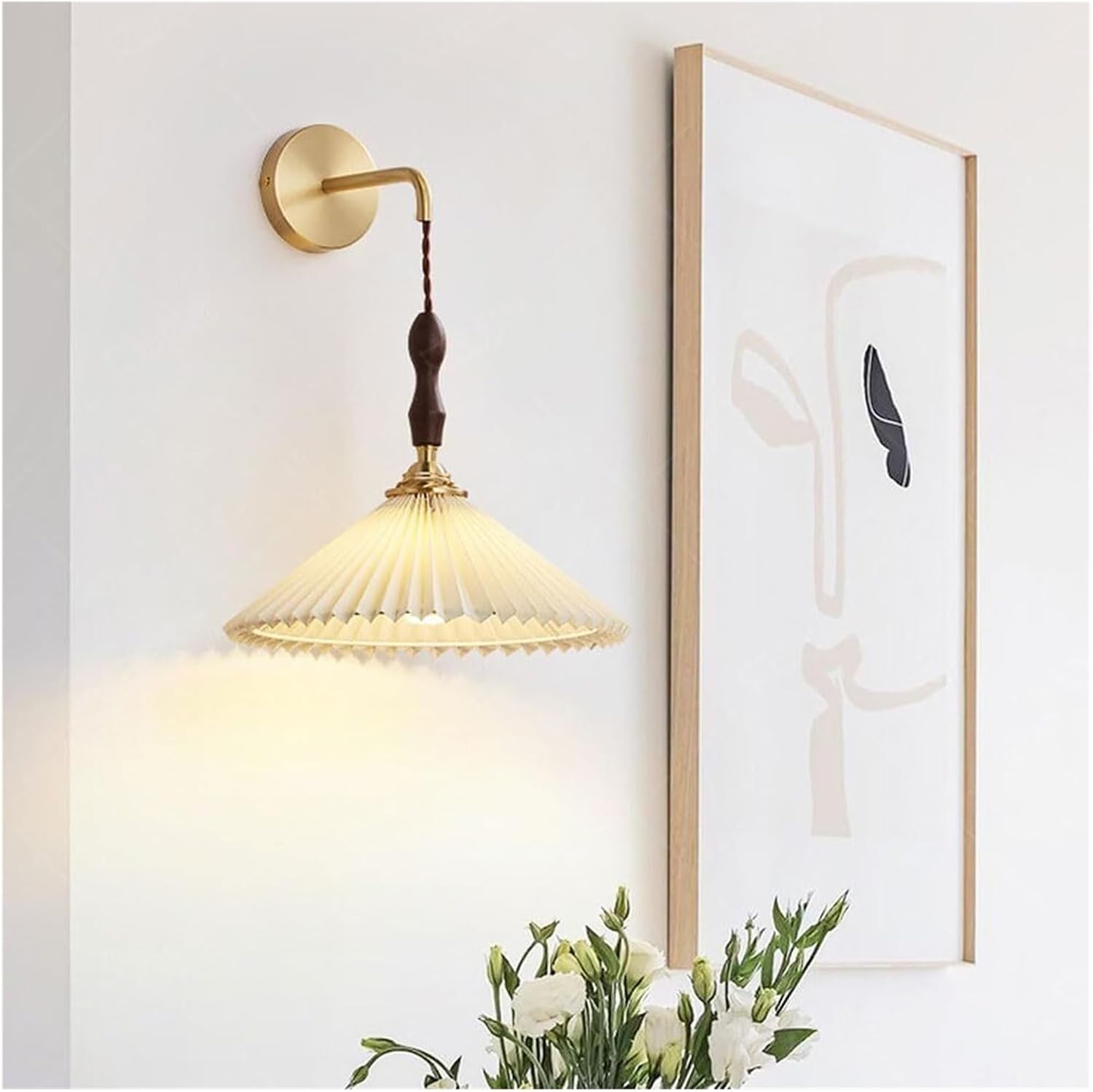 Wall Lamps Sconces Scandinavian Walnut Nightstand Wall Fixture Brass Hallway Accent Light with Pleated Fabric Cover Gold Tone Lamp Indoor Wired Mid-Century Bedroom Mounted Lighting for Bathroom D
