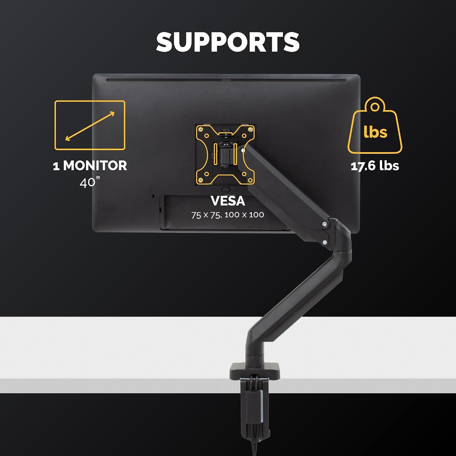 Fellowes Platinum Series Single Monitor Arm for 40-Inch Monitors, Full Motion, 360° Rotation, VESA Mount with Grommet or Clamp, USB Ports, Ergonomic, Black, 8043301