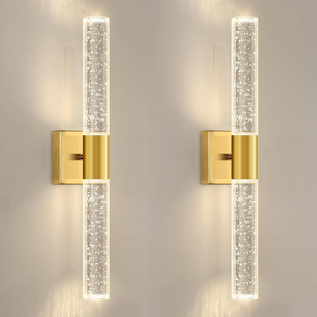 Brushed Gold LED Wall Sconces Set of 2 with LED Warm Light Interior Glam Crystal Wall Light, Hardwired