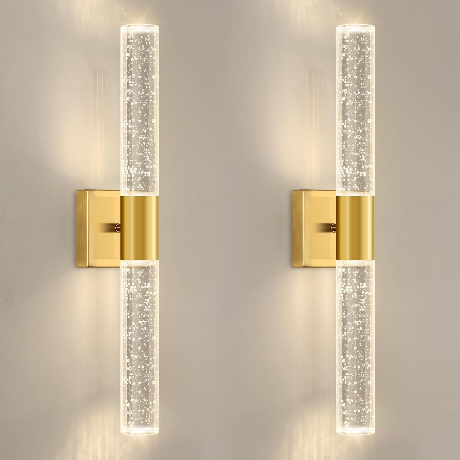 Brushed Gold LED Wall Sconces Set of 2 with LED Warm Light Interior Glam Crystal Wall Light, Hardwired