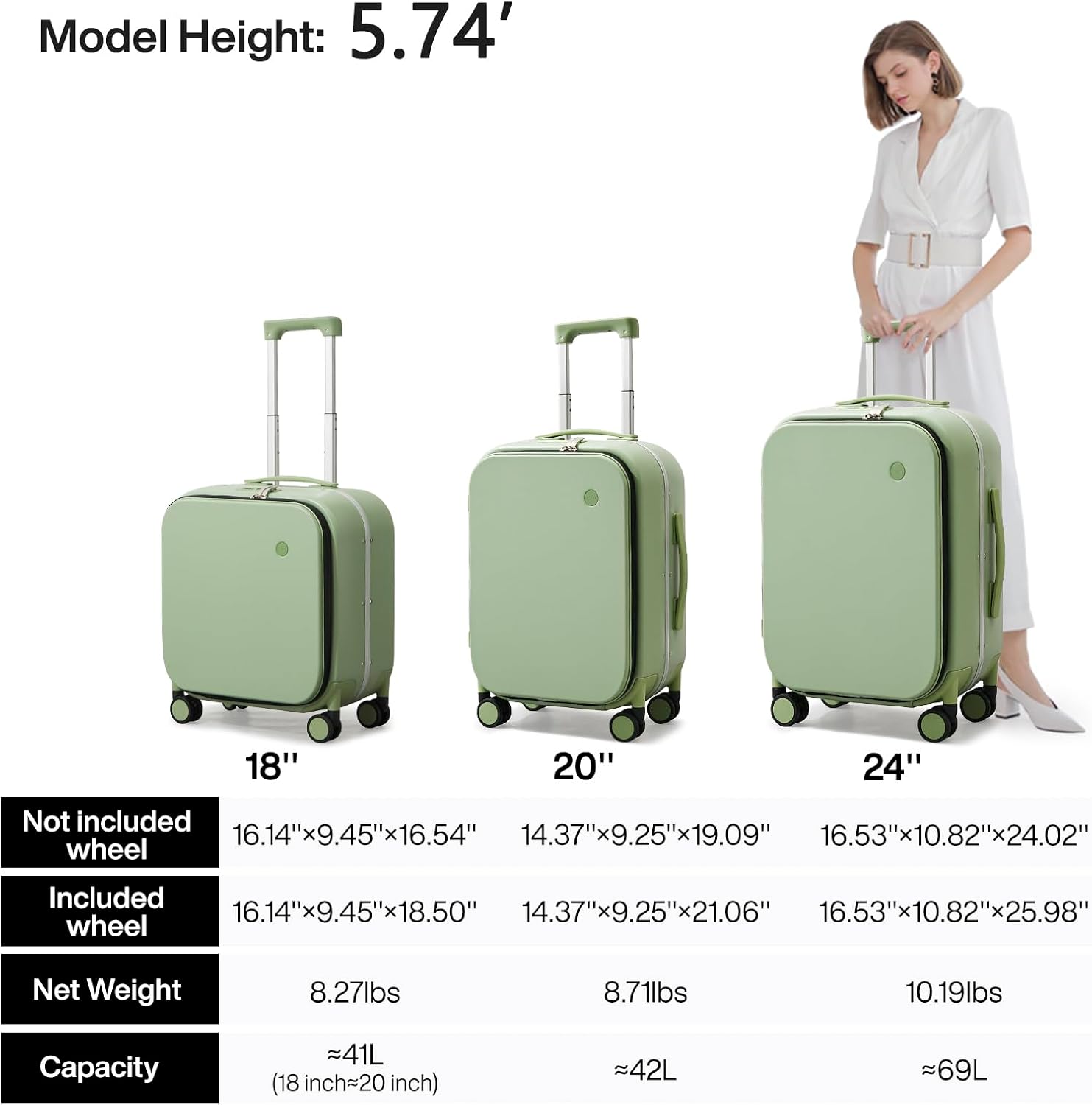 mixi Carry On Luggage, 18' Suitcase with Front Pocket, Travel Luggage Aluminum Frame PC Hardside with Spinner Wheels & TSA Lock and Cover (Not for Underseat), Avocado Green