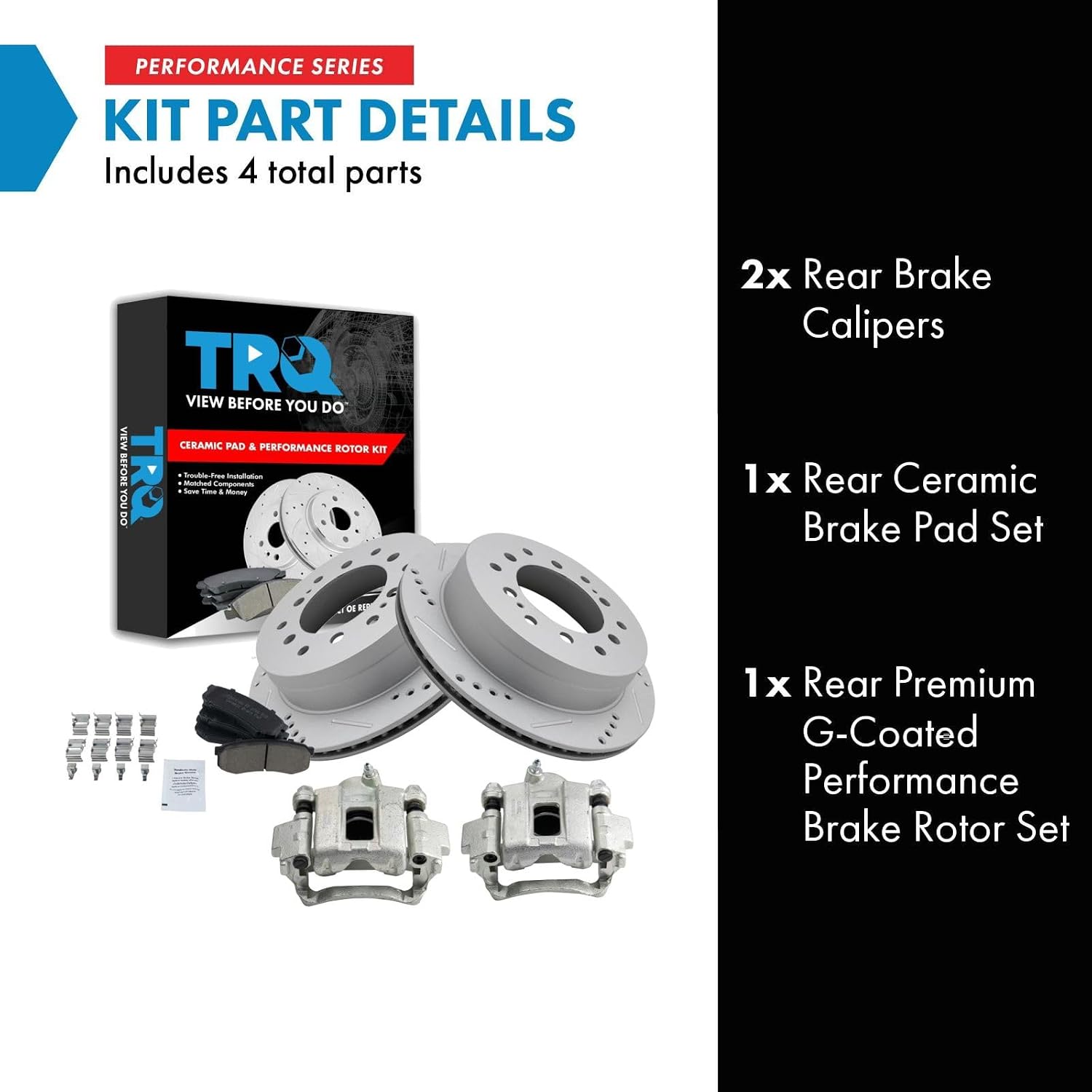 TRQ Performance Rear Brake Pad and Rotor Set Ceramic Vented Coated Rotors Calipers Compatible with 2003-2009 Lexus GX470 2001-2007 Toyota Sequoia