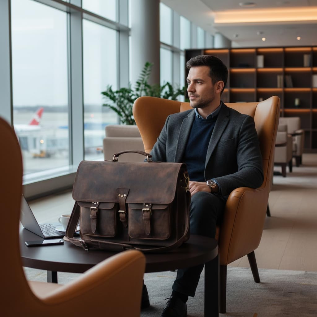 Vintage Leather Messenger Bag for Men & Women, Multi-Pocket Briefcase Satchel, Laptop Shoulder Bag