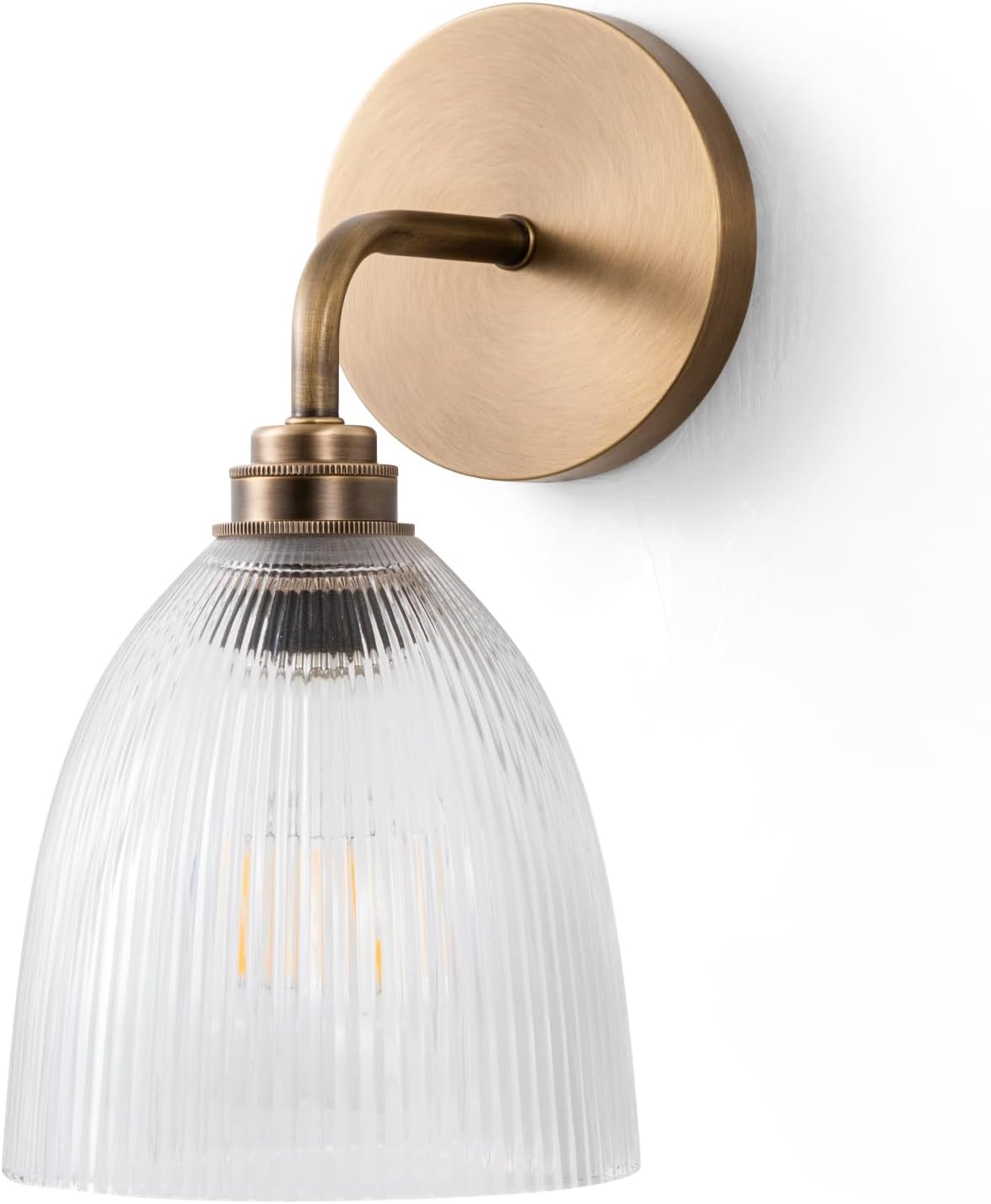 Hardwired Antique Brass Wall Sconces with Ribbed Glass Shades, Aged Brass Sconce Vintage Wall Light Fixture for Bathroom, Bedroom, Hallway, Kitchen (Bulb Included)