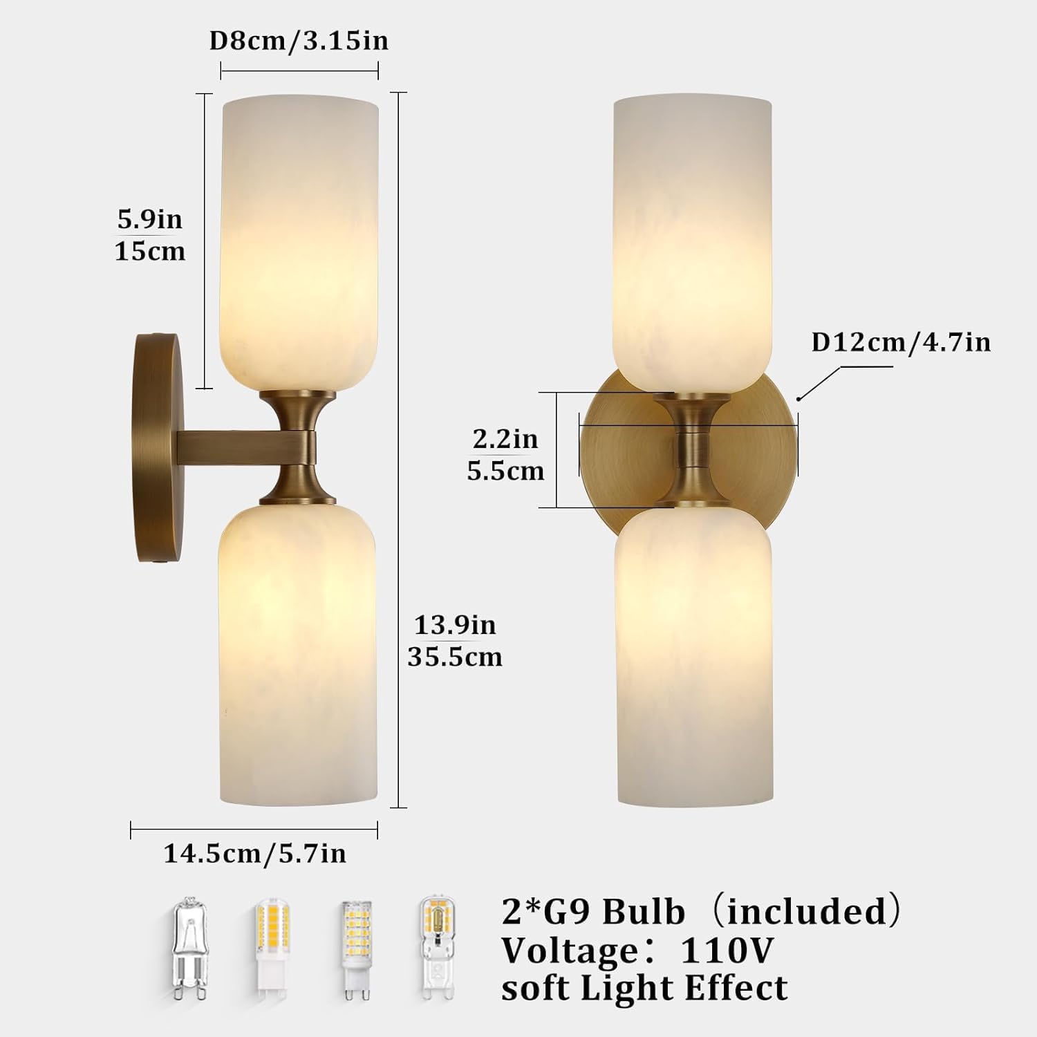 Alabaster Wall Sconce Set of 2, 14in Modern Brass Spanish Natural Marble Bathroom Vanity Sconces, Indoor Gold Wall Lighting Fixtures Decor for Bedroom Living Room Staircases