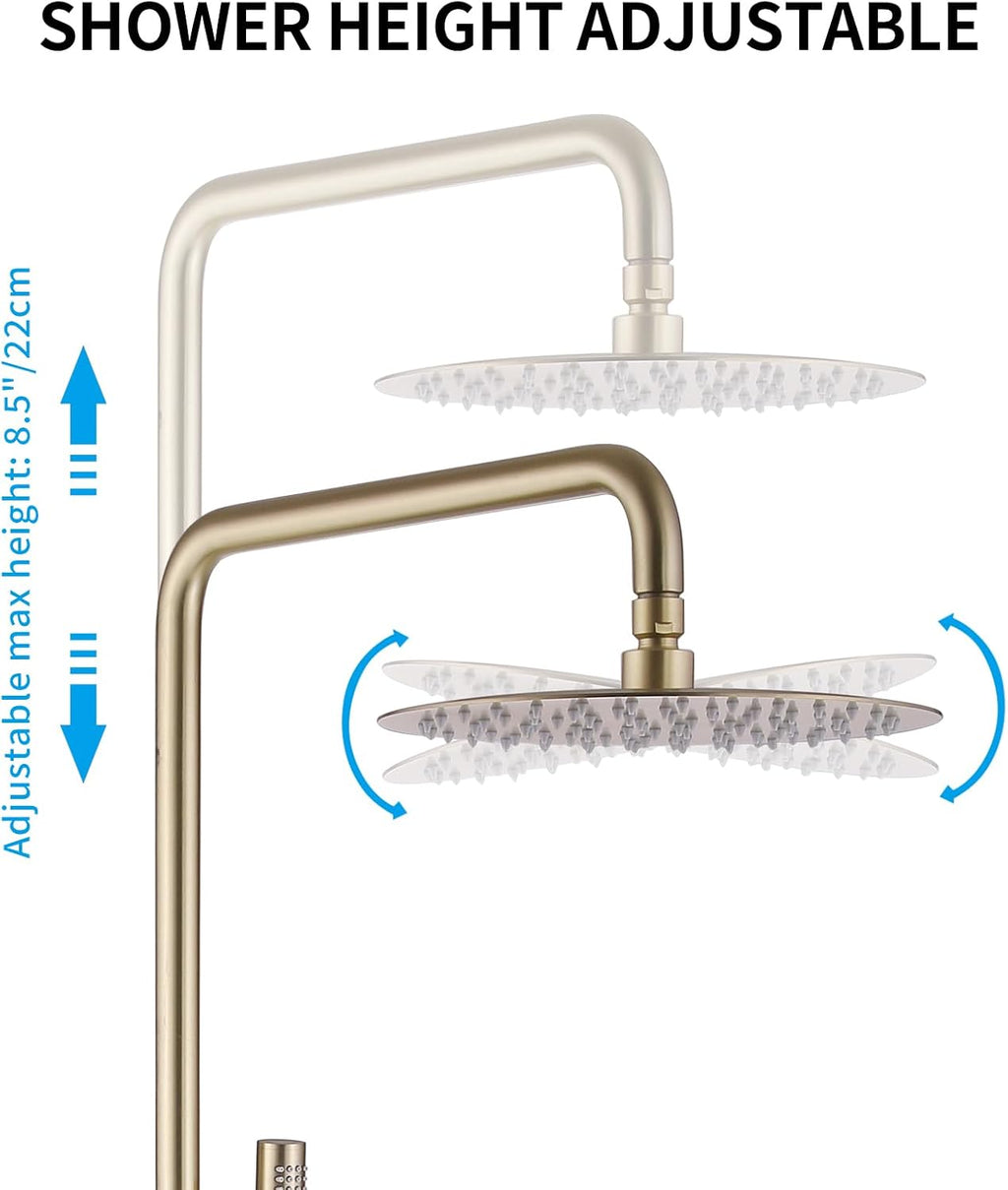 Brushed Gold Exposed Shower Syem with Handheld, 3 Functions Bathtub Shower Faucet Sets with Brass Valve, Shower Fixture with 10-Inch Rainfall Shower Head, Height Adjustable Shower Set