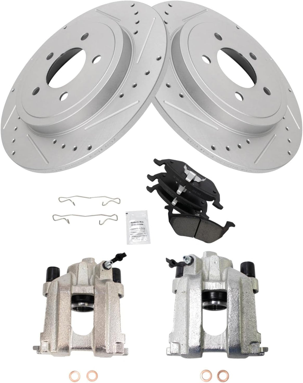 TRQ Performance Rear Ceramic Brake Pad and Rotor Set Includes Calipers Drilled Slotted Coated Compatible with 2005-2008 Ford Escape 2005-2008 Mercury Mariner 2005-2006 2008 Mazda Tribute