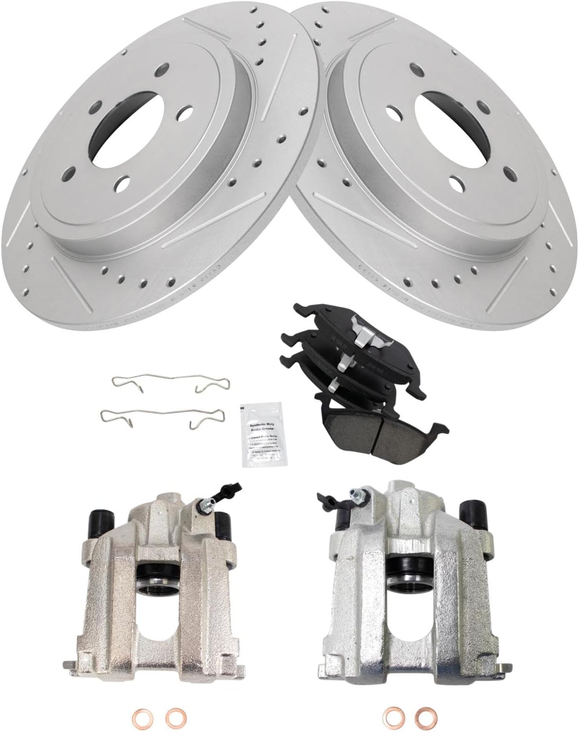 TRQ Performance Rear Ceramic Brake Pad and Rotor Set Includes Calipers Drilled Slotted Coated Compatible with 2005-2008 Ford Escape 2005-2008 Mercury Mariner 2005-2006 2008 Mazda Tribute