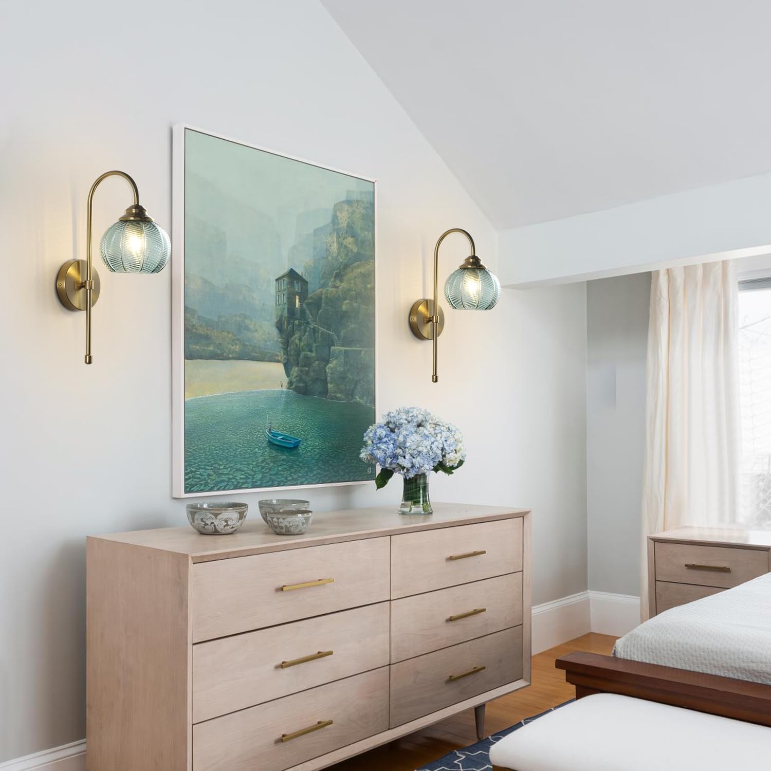 KCO Lighting Brushed Gold Wall Sconce Light Set of 2 Vintage Green Glass Wall Sconce Modern Globe Bathroom Vanity Light Fixture for Stair Corner Hallway