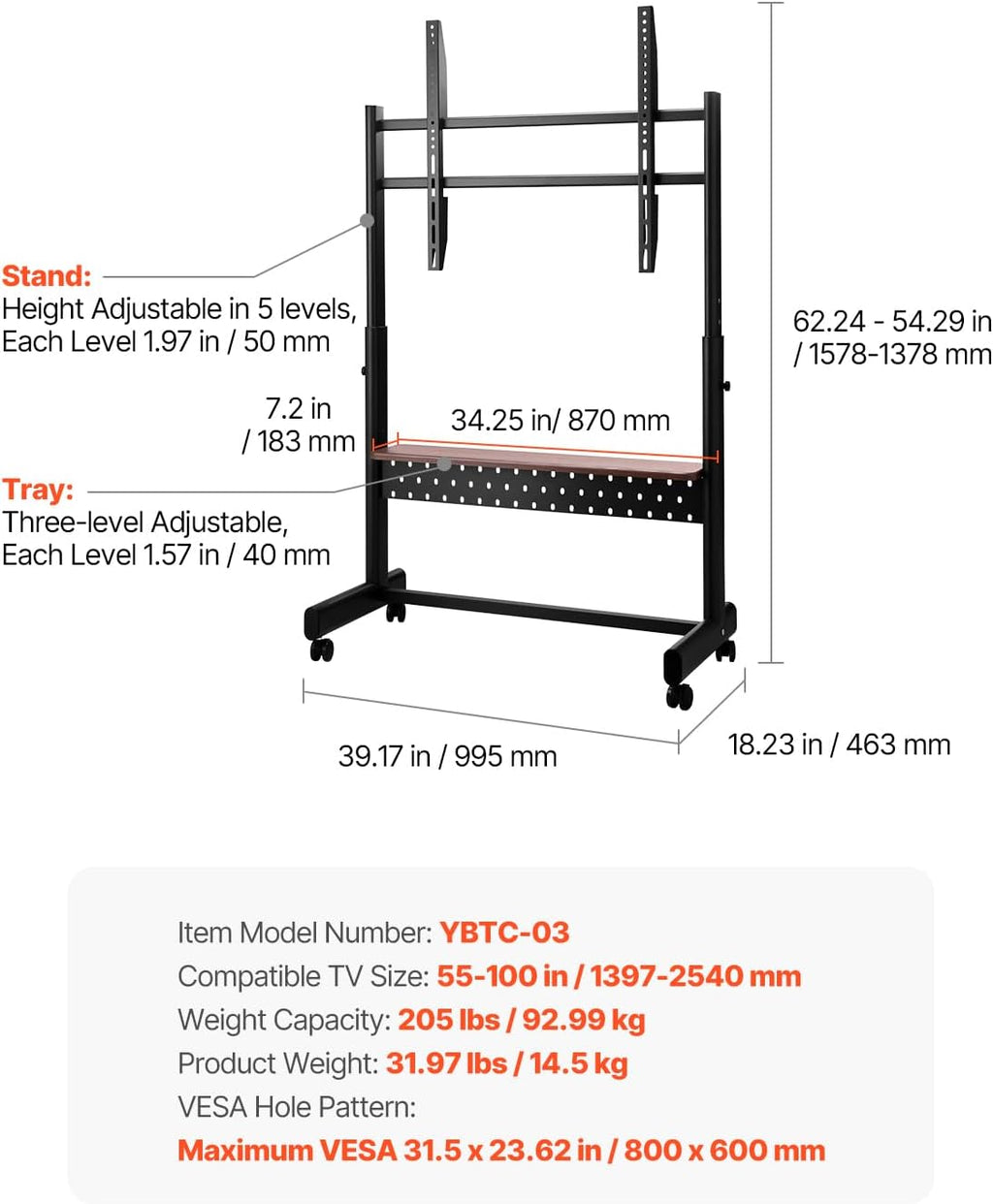 VEVOR Rolling TV Stand, Mobile TV Cart for 55-100 Inch Screens, Height Adjustable Portable Monitor Stand with Tray, Holds up to 205 lbs for Living Room, Bedroom, Office, Outdoor Max VESA 800 x 600 mm