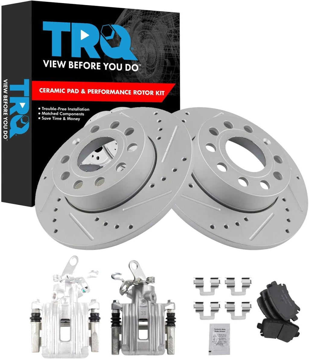 TRQ Performance Rear Brake Pad and Rotor Set Ceramic Coated Drilled Slotted Rotors Calipers Compatible with 2010 Audi A3 A3 Quattro Volkswagen Golf