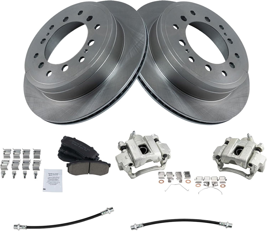 TRQ Rear Brake Pad and Rotor Set Ceramic Rotors Calipers Hoses Compatible with 2014-2020 Lexus GX460 2014-2018 Toyota 4Runner