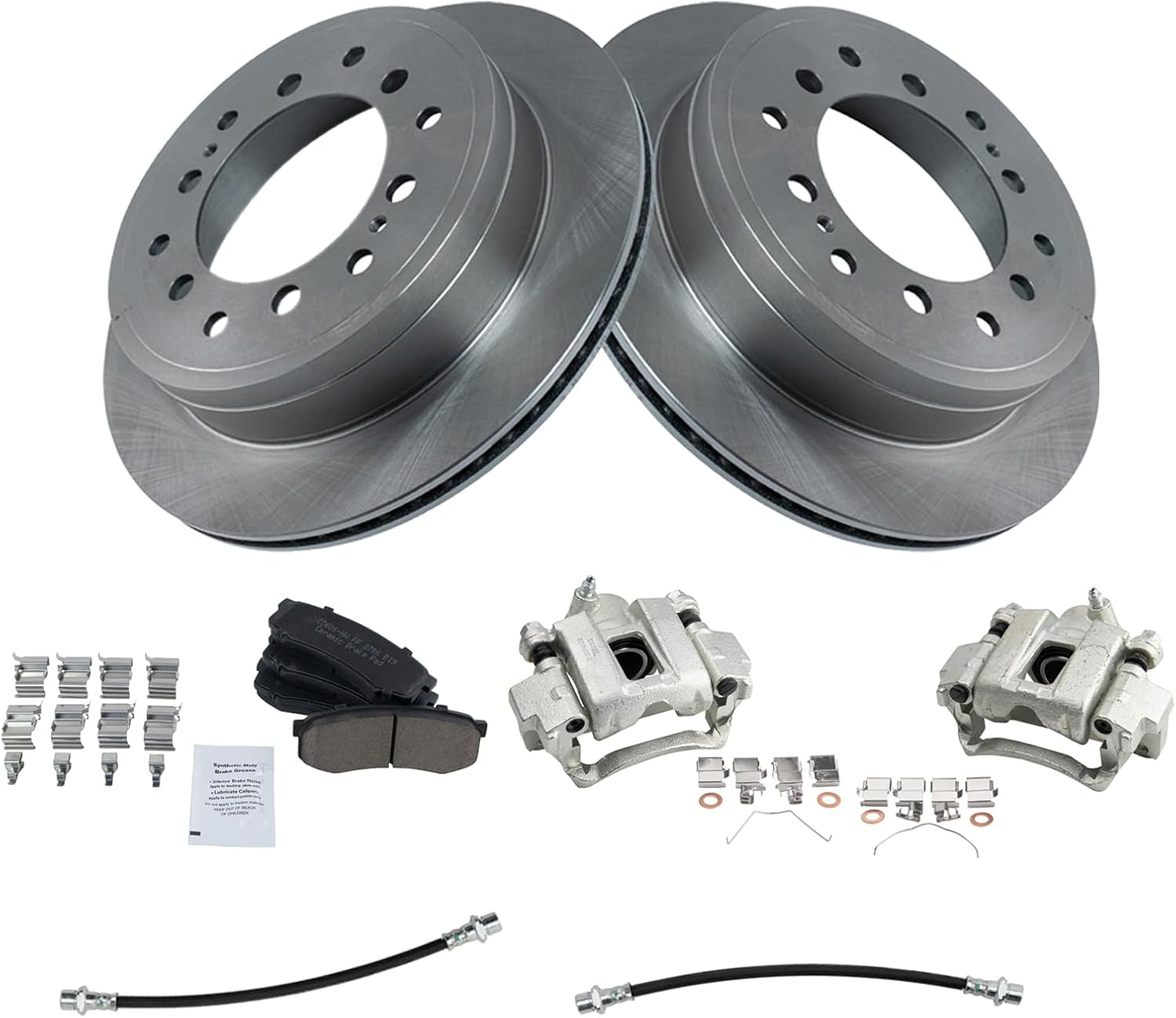 TRQ Rear Brake Pad and Rotor Set Ceramic Rotors Calipers Hoses Compatible with 2014-2020 Lexus GX460 2014-2018 Toyota 4Runner