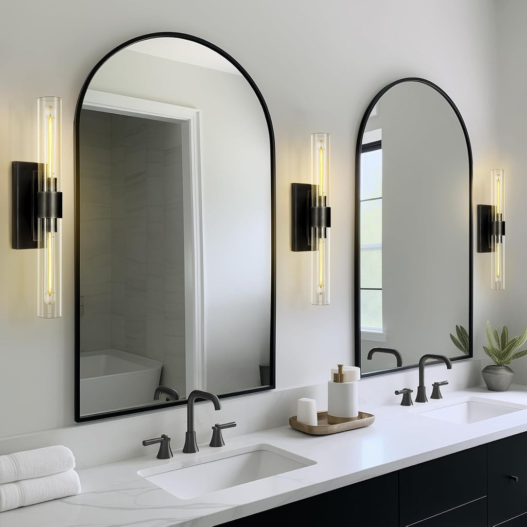 Black Wall Sconces, 22.8' Bathroom Sconces, Sconces Wall Lighting 2-Light, Bronze Wall Sconces Set of Two, Vanity Lights Tube Sconce, Glass Wall Sconce for Living Room, Bedroom, Hallway