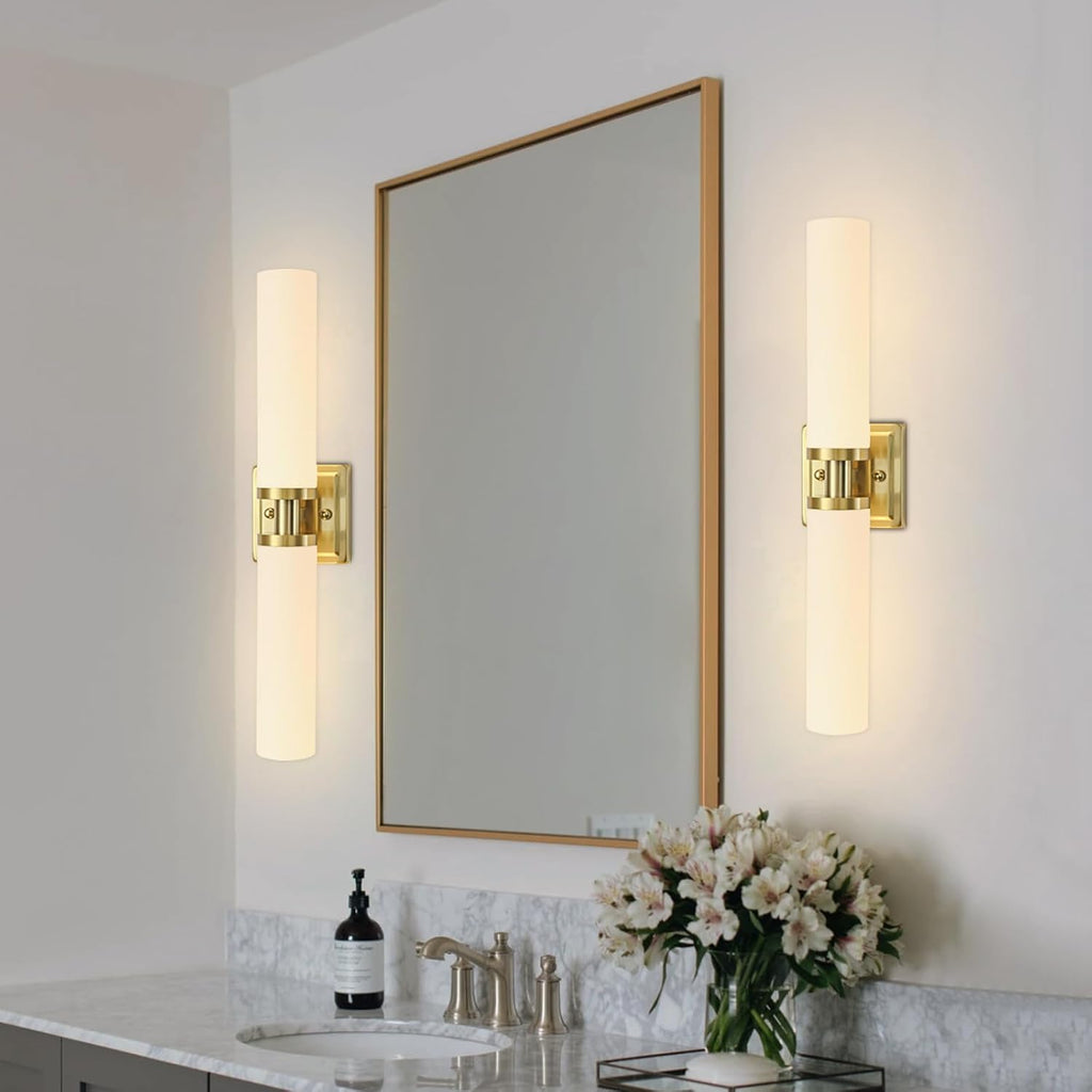 Gold Wall Sconces Set of Two, 32 Inch Bathroom Sconces with Frosted Glass, Modern Sconces Wall Light Fixtures for Bathroom Mirror Living Room Bedroom Hallway (Bulbs Not Included)