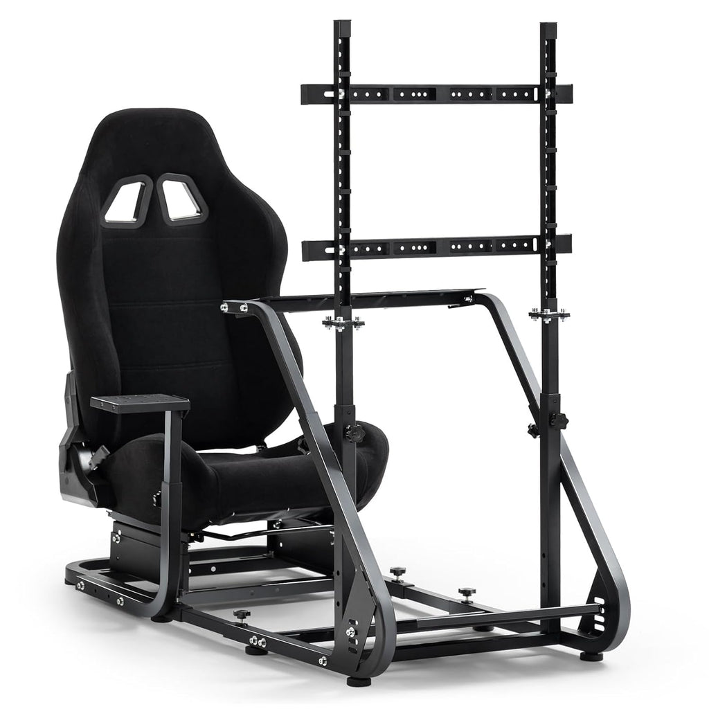 Marada Racing Cockpit Frame with TV Stand,Gear Mount & Black Seat Fit for Logitech G923 G920, for Thrustmaster T500 T3PA TGT, for Fantec, Height Adjustable,Wheel and Pedals Not Included