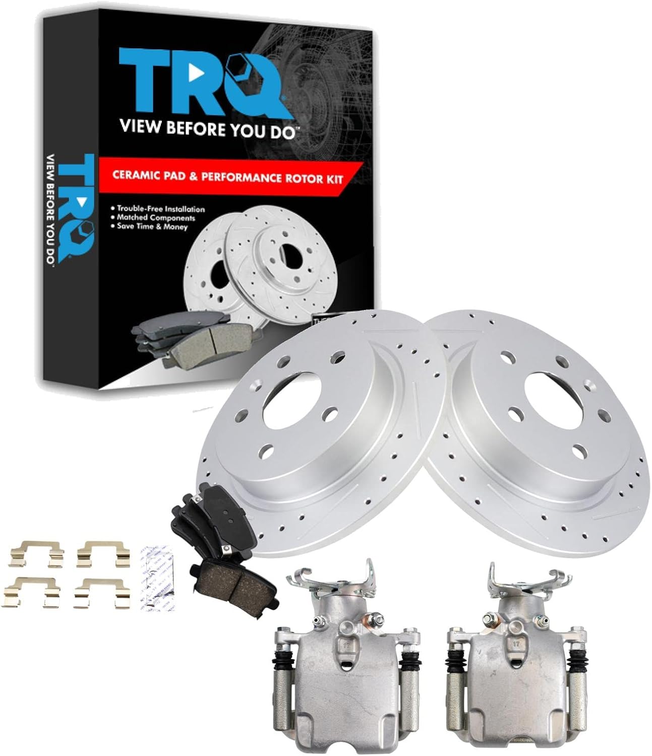 TRQ Performance Rear Brake Pad and Rotor Set Ceramic Solid Rotors Calipers Compatible with 2012 Buick LaCrosse