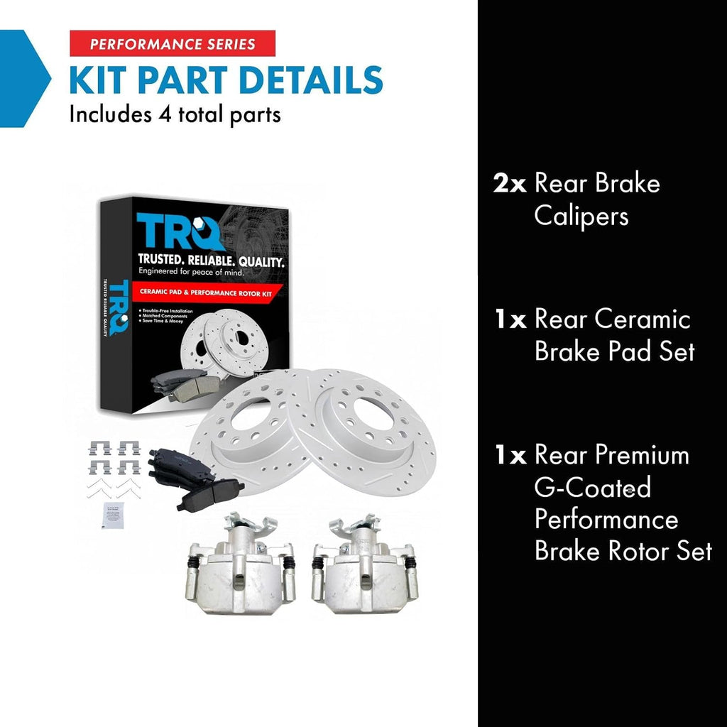TRQ Performance Rear Brake Pad and Rotor Set Ceramic Drilled Slotted Coated Rotors Calipers Compatible with 2013-2016 Dodge Dart