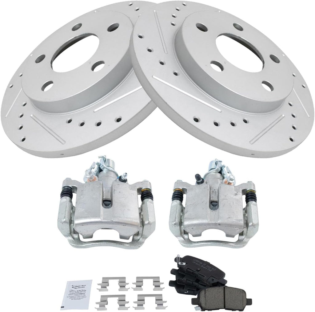 TRQ Performance Rear Brake Pad & Rotor Set Ceramic Drilled Slotted Coated Rotors Calipers Compatible with 05-09 Buick LaCrosse 11-13 Chevrolet Impala 14-16 Impala Limited 05-08 Pontiac Grand Prix